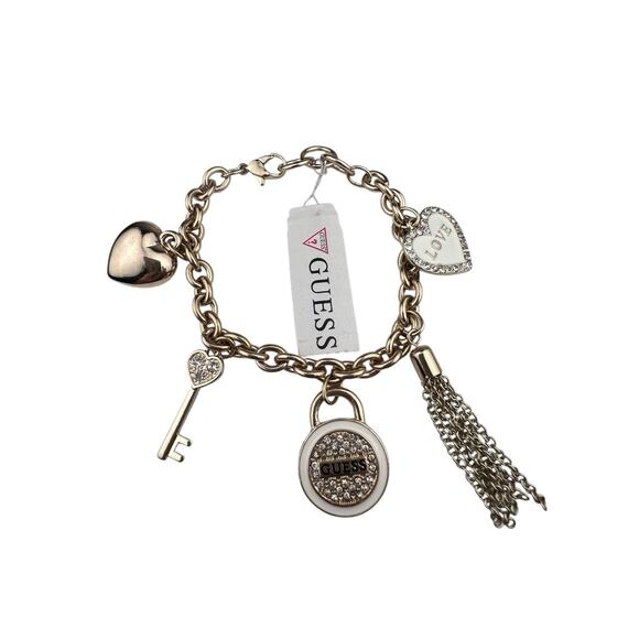 Guess Gold Tone Charm Bracelet NWT Heart Love Key 7.25"-7.75" - Picture 1 of 8
